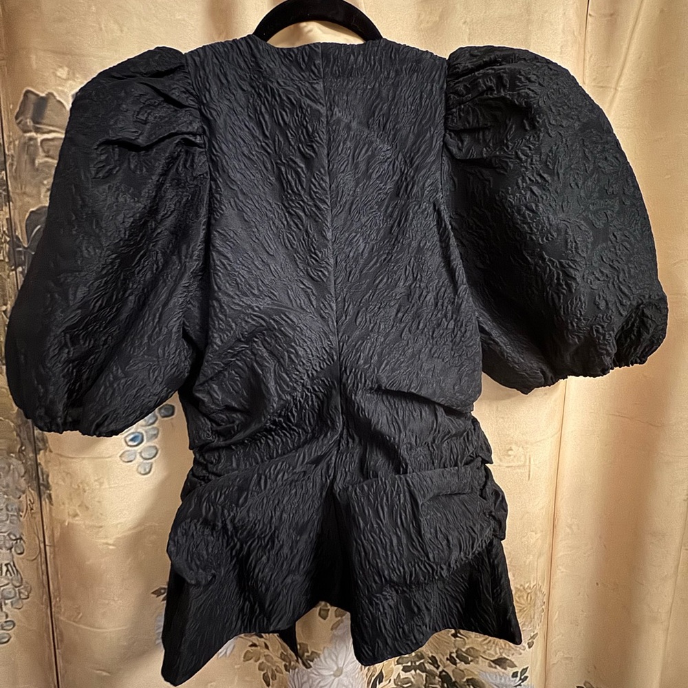Ganni Black Crinkled Puff Sleeve Top - Picture 2 of 4